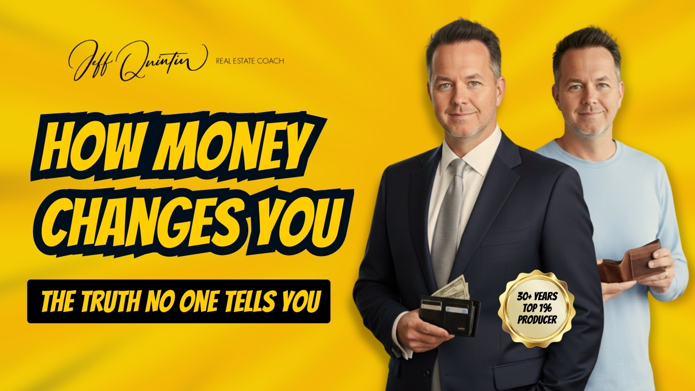 Split-screen image showing Jeff Quintin as broke and wealthy, with headline 'How Money Changes You' and brand colors blue, gold, and white