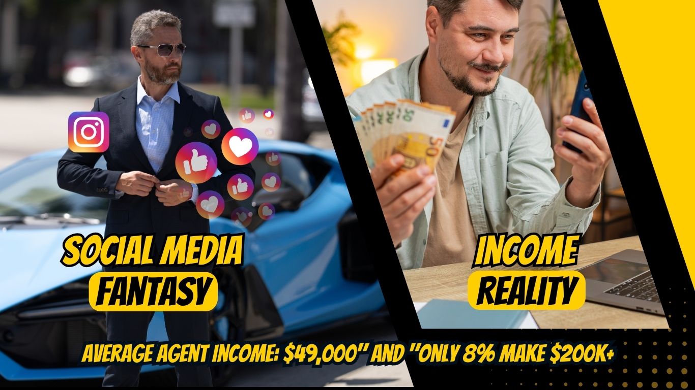 Split-screen showing the difference between real estate social media fantasy and real income reality for agents